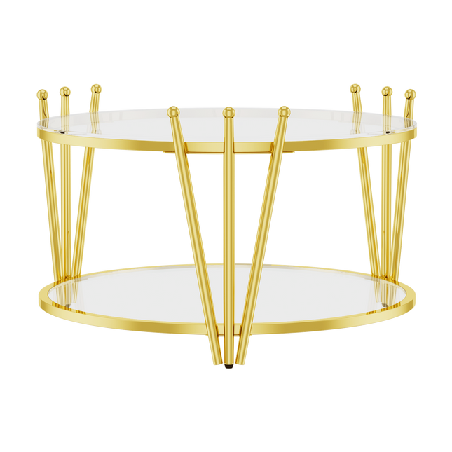 31.5inch Modern Luxury Gold Coffee Table for Living Room, Stainless Steel Leg Crown Design, Round 8mm Clear Tempered Glass Sofa Center Table
