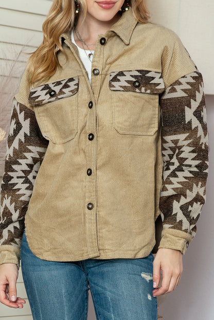 Wholesale Khaki Geometric Print Patchwork Frayed Edge Corduroy Jacket - Eloy Royal