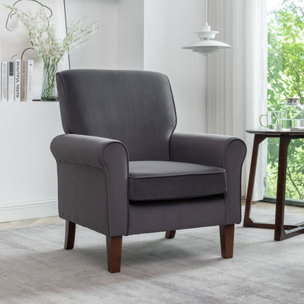 Traditional Rolled Arm Armchair, Solid Birch Wood Frame with Tapered Brown Legs, Polyester Blend Printed Cloth Upholstered Chair with Foam Filled Seat for Living Room Office