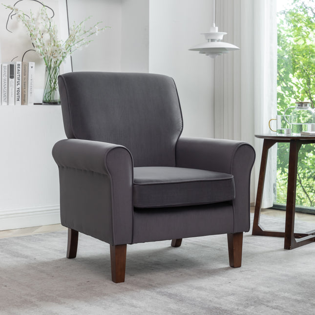 Traditional Rolled Arm Armchair, Solid Birch Wood Frame with Tapered Brown Legs, Polyester Blend Printed Cloth Upholstered Chair with Foam Filled Seat for Living Room Office