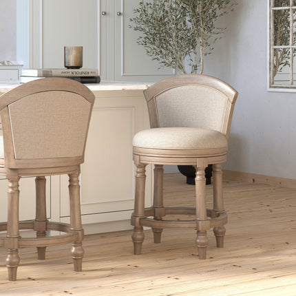 26' Wood Barrel-Back Counter-Height Bar Stool with Swivel and Upholstered Seat and Back, Uptown Gray with Beige Seat and Back, 1PC