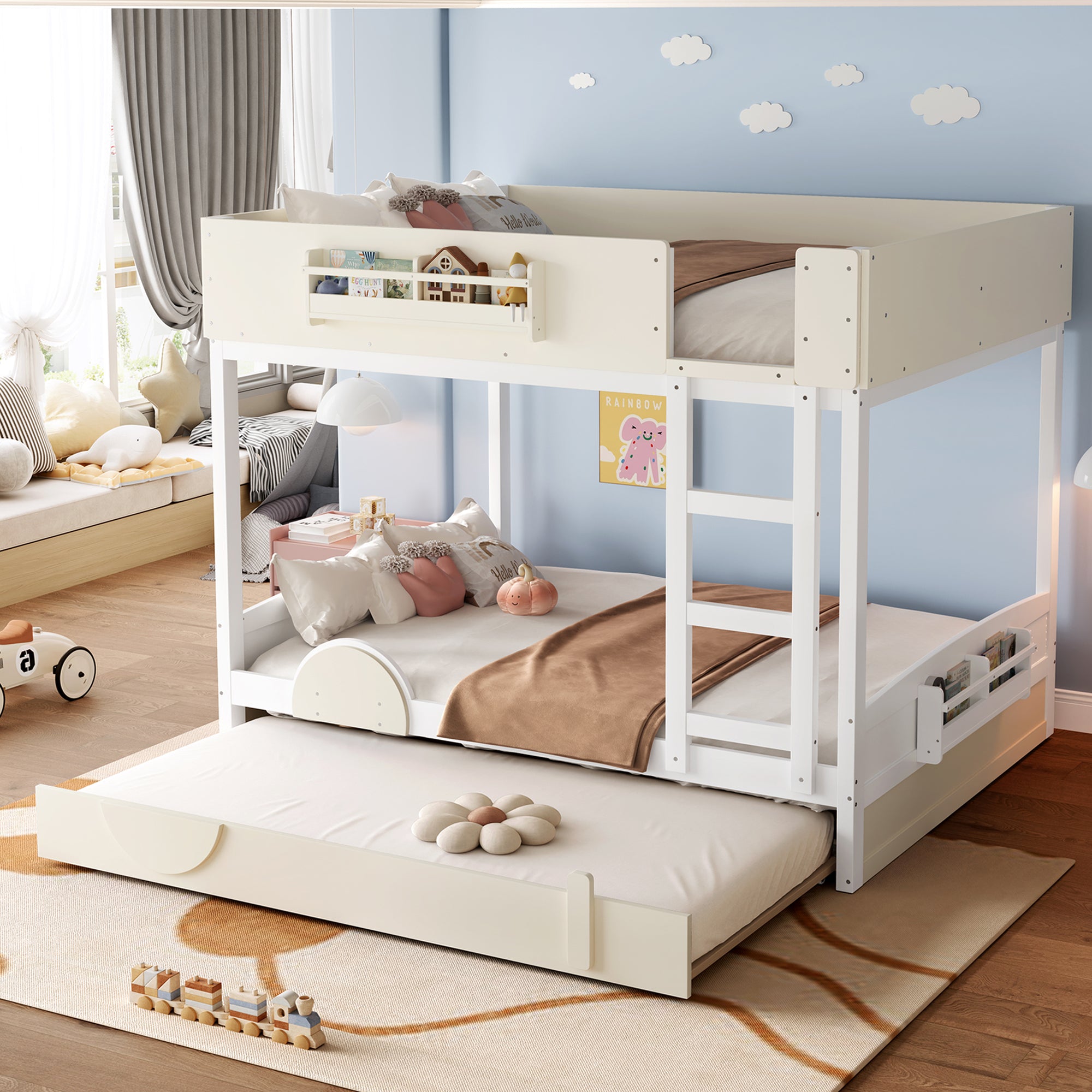 Queen Bunk Bed with Trundle , Wood Bunk Bed Frame with Built-in Bookshelf and High-quality Safety Guardrail,Automobile Form Design for Kids ,White＆ Beige.