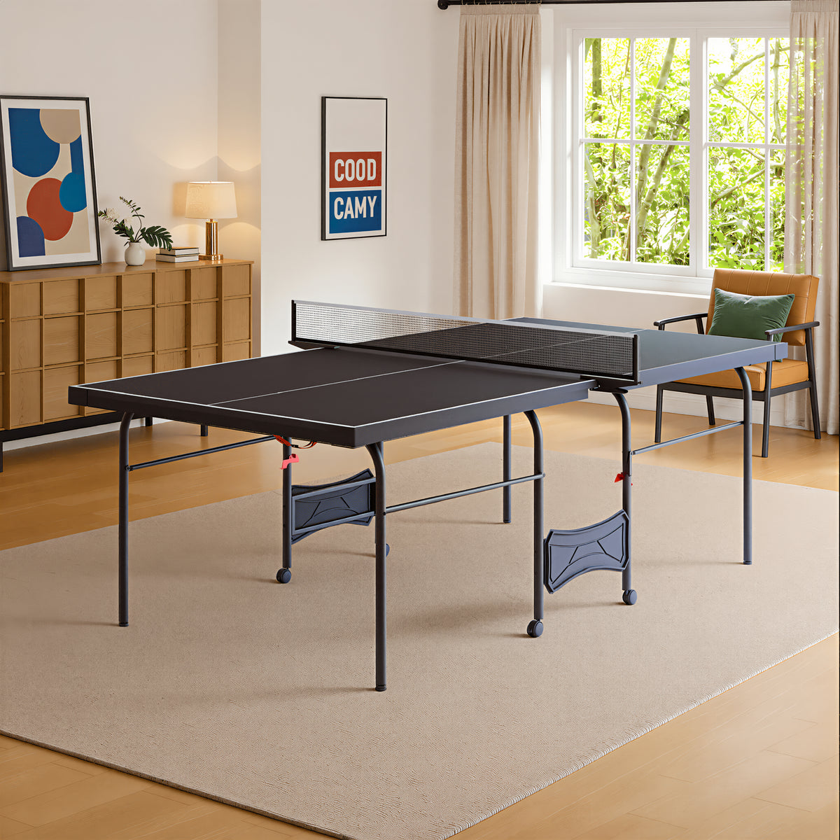 8 FT Foldable Portable Ping Pong Table with Quick-Clamp Net & Post Set, Indoor & Outdoor Use, Supports Solo Play Mode, Black