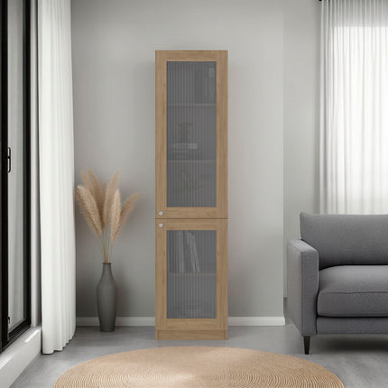 Home Double Glass Door Bookcase Cabinet with 5 Interior Shelves for Linen or Décor Storage for Living Rooms, Bedrooms or Laundry Rooms