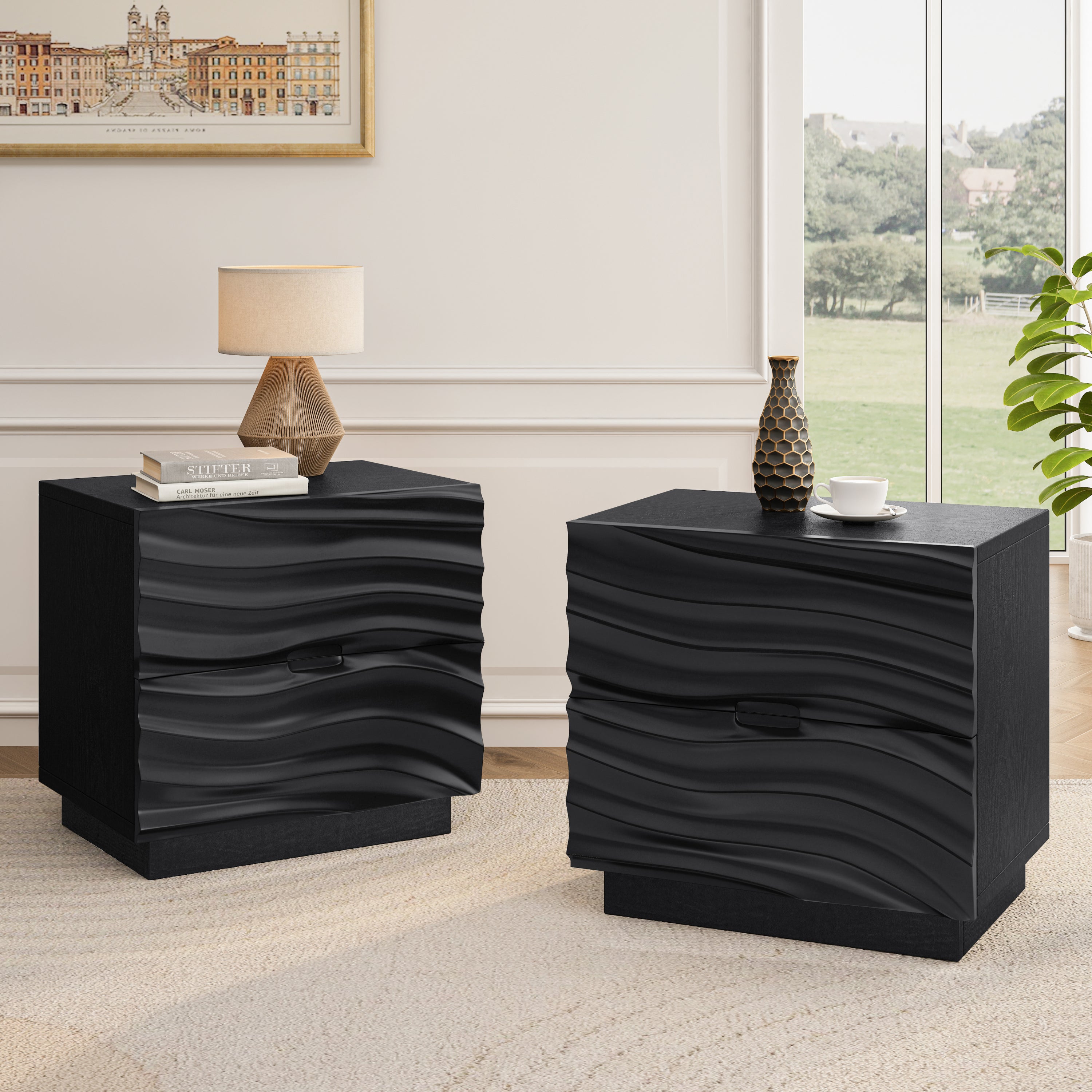 Solid Wood Nightstands Set of 2, Bedside Table with 2 Drawers, No Handles, Sofa End Table for Living Room, Bedrooms,Black