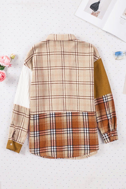 Wholesale Orange Plaid Color Block Patchwork Pocket Shirt Shacket - Eloy Royal