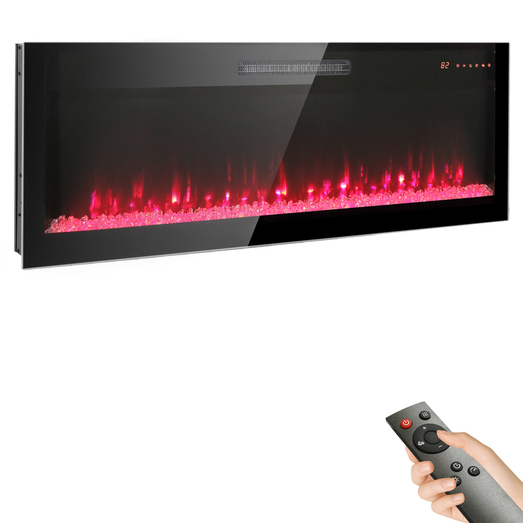 60 inch recessed ultra thin tempered glass front wall mounted electric fireplace with remote and multi color flame & emberbed, LED light heater