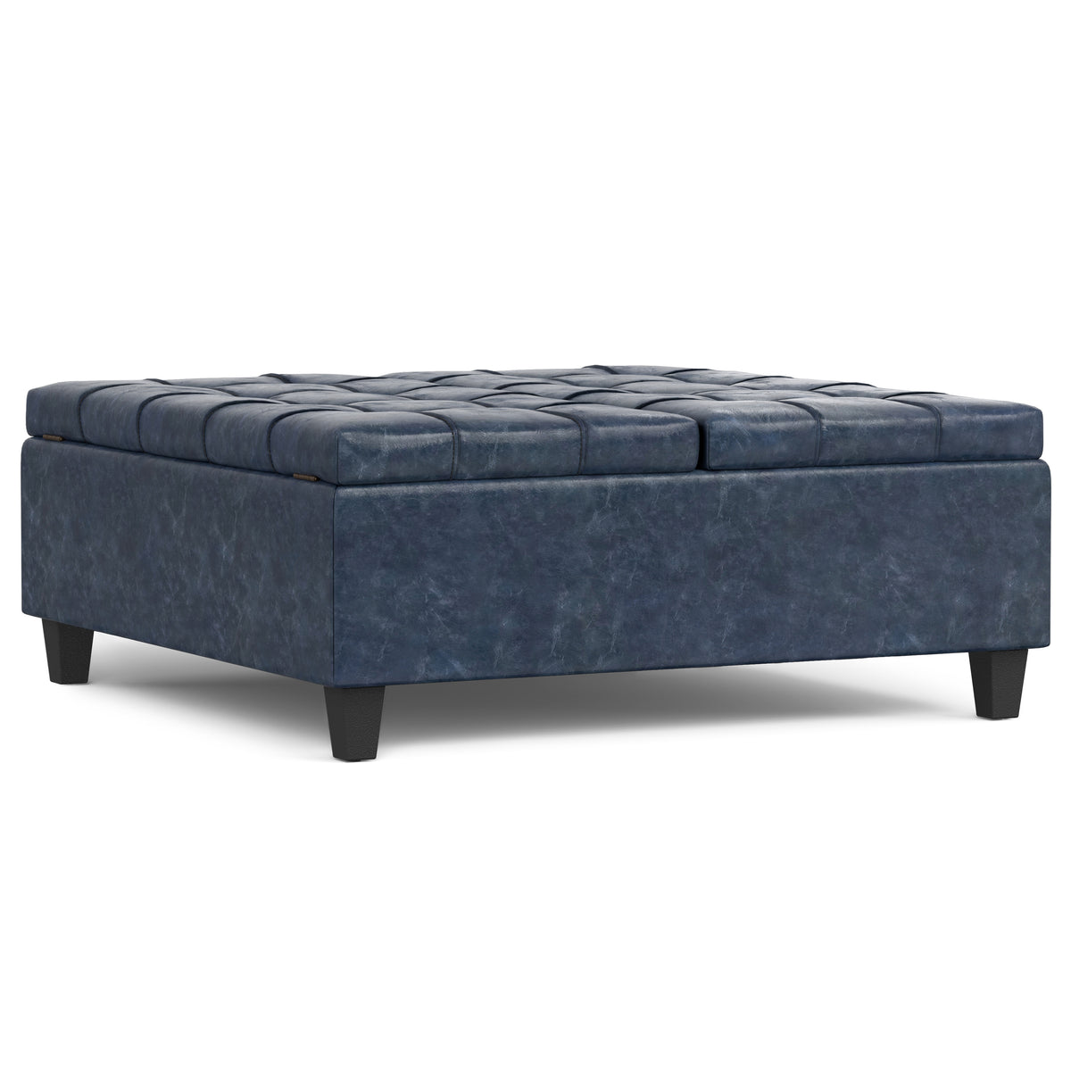 Harrison Denim Blue Vegan Leather Square Coffee Table Ottoman 40 inch Wide with Storage and Lift-Up Top