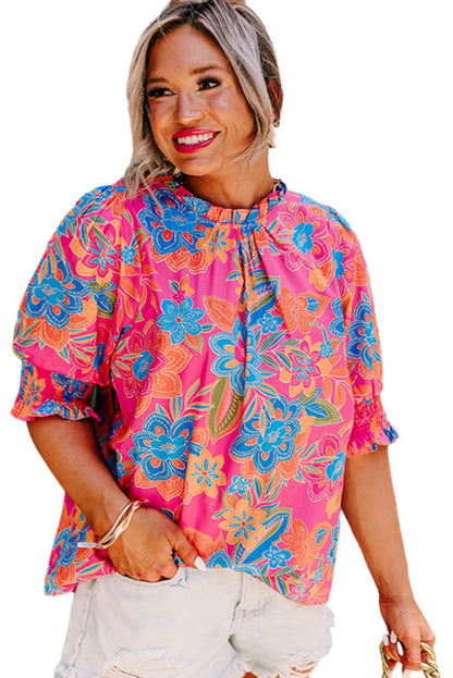 Rose Plus Size Floral Print Frill Neck Smocked Puff Sleeve Blouse - Eloy Royal