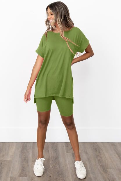 Spinach Green Solid Split Hem Tunic Tee and Tight Shorts Set - Eloy Royal