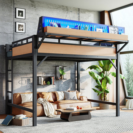 Queen size Loft Bed Frame with Storage Shelves and Pegboard, Metal Loft Bed with USB Ports and LED Lights, Safe and Sturdy, Natural
