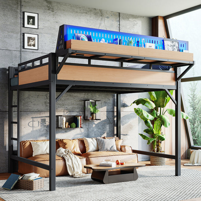 Queen size Loft Bed Frame with Storage Shelves and Pegboard, Metal Loft Bed with USB Ports and LED Lights, Safe and Sturdy, Natural