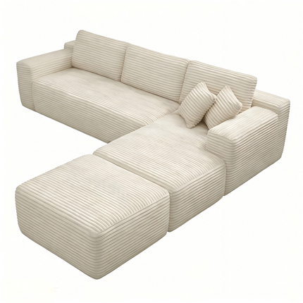 106.5' L-Shaped Corduroy Upholstered 3-Seat Lounge Sofa with Ottoman, Right Hand Facing
