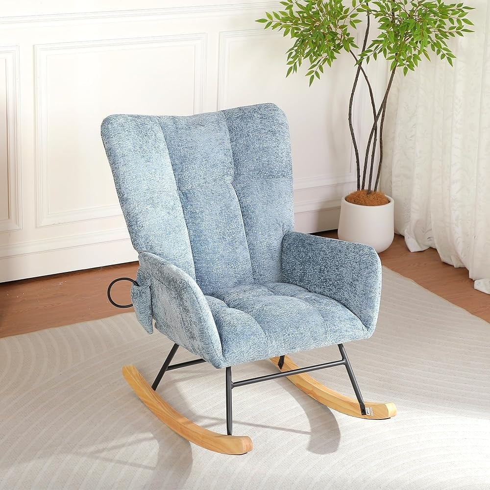 Modern Accent Rocking Chair Rocking Chair with Solid Wood Legs, Upholstered Nursery Glider Rocker Side Pocket and Footrest, Living Room Lounge Arm Chair with High Backrest (beige,teddy)