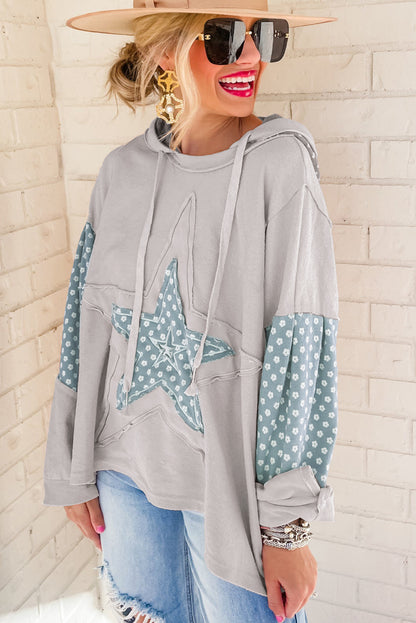 Beau Blue Floral Patchwork Star Pattern Drawstring Hoodie