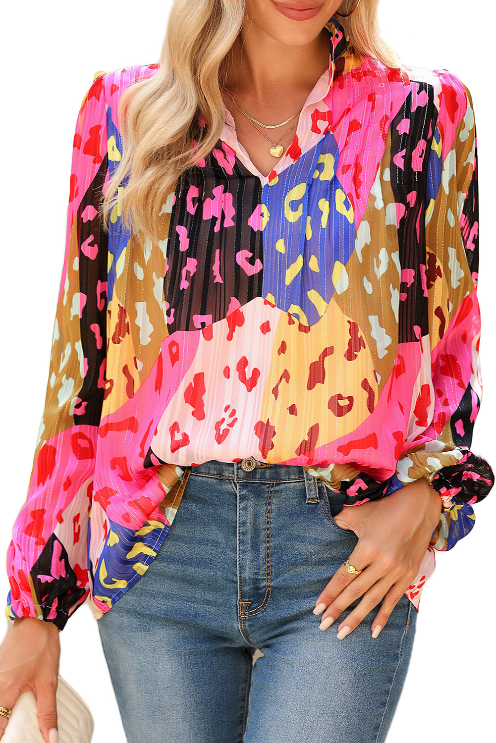 Rose Leopard Print Puff Sleeve Crinkle Blouse - Eloy Royal