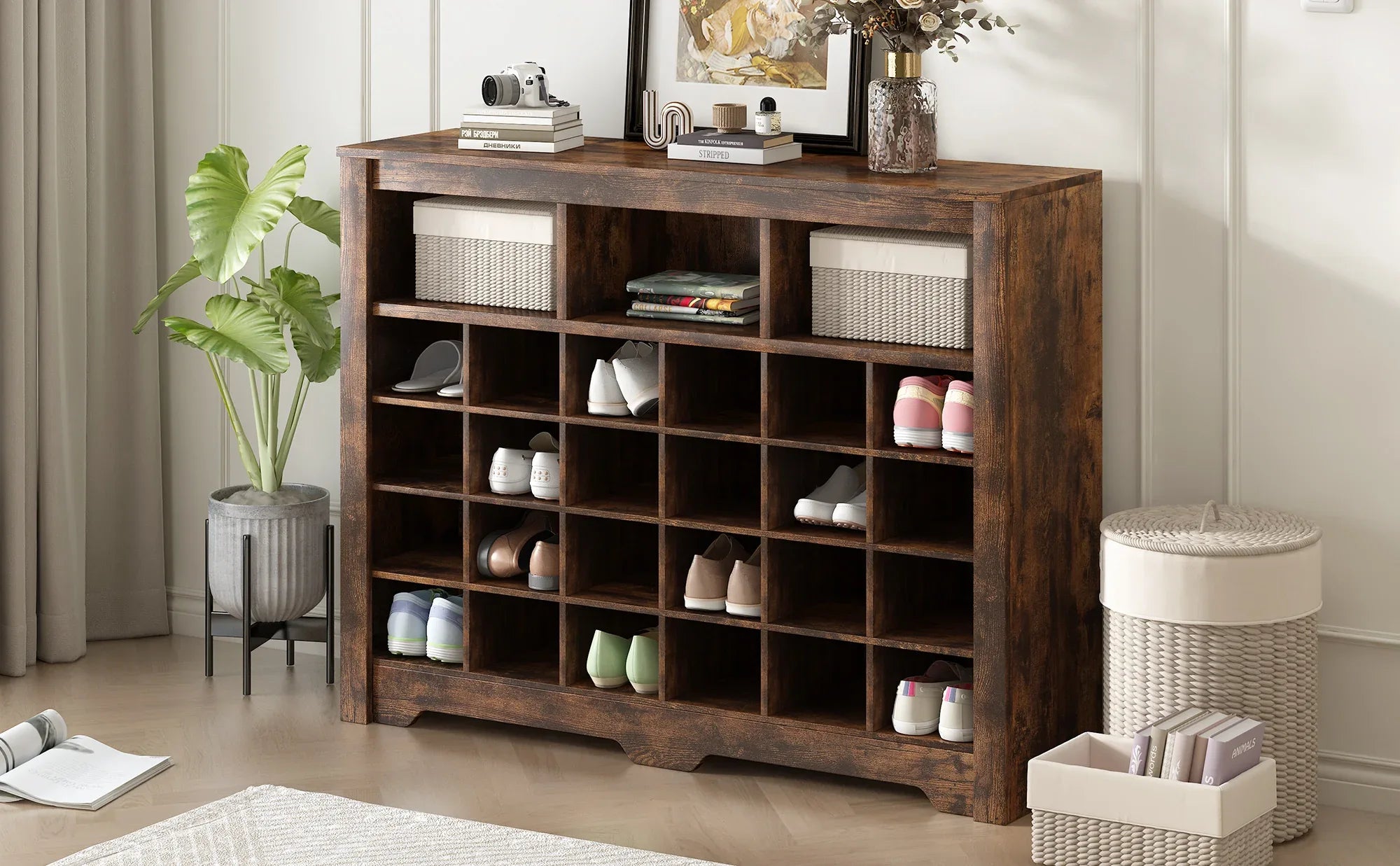 ON-TREND Sleek Design 24 Shoe Cubby Console, Modern Shoe Cabinet with Curved Base, Versatile Sideboard with High-quality for Hallway, Bedroom, Living Room, Rustic Brown - Eloy Royal