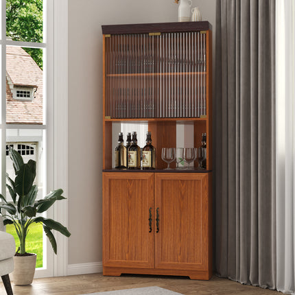 70.86'(180cm) Tall Free Standing Corner Storage Cabinet, 5 Tiers Wine Cabinet With Tempered Glass Doors, Mirrored Back, Adjustable Shelves For Living Room Kitchen, Modern Wood Display Cabinet