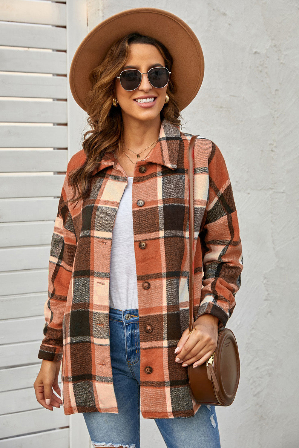 Orange Plaid Button Up Long Sleeve Flannel Shacket - Eloy Royal