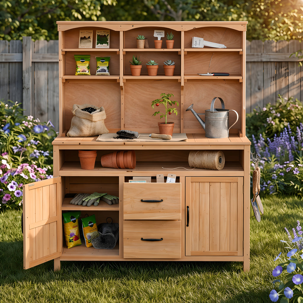 (With Assembly Video)TOPMAX Large Fir Wood Potting Bench,45.3''L Multi-Functional Outdoor Patio Kitchen Island with Hutch, Cabinets,Drawers & Hooks ,Large Countertop for Gardening, Grill, Natural Wood