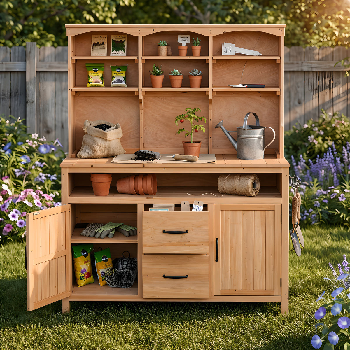 (With Assembly Video)TOPMAX Large Fir Wood Potting Bench,45.3''L Multi-Functional Outdoor Patio Kitchen Island with Hutch, Cabinets,Drawers & Hooks ,Large Countertop for Gardening, Grill, Natural Wood