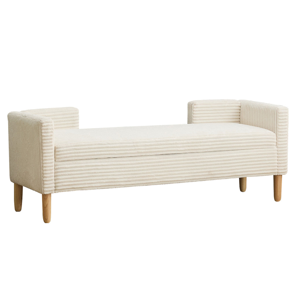 64.7' Upholstered Corduroy Flip-top Storage Bench with Rubberwood Legs, Armrests & Backrest for Bedroom, Living Room, Hallway, lvory