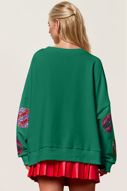 Double Take Christmas Element Sequin Round Neck Long Sleeve Sweatshirt