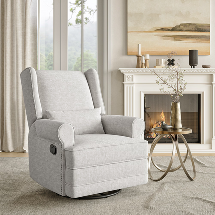 Swivel Recliner Chair, Comfy Glider Rocking Chairs with Lumbar Pillow and Footrest, Upholstered Swivel Rocking Chair for Bedroom,Nursery,Light Gray