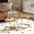 27.6in Nesting Coffee Table Set of 2, Round Coffee Table Wood Marble Pattern Top with Sturdy Metal Frame, End Table Side Tables for Living Room Bedroom Balcony Yard (Brown)