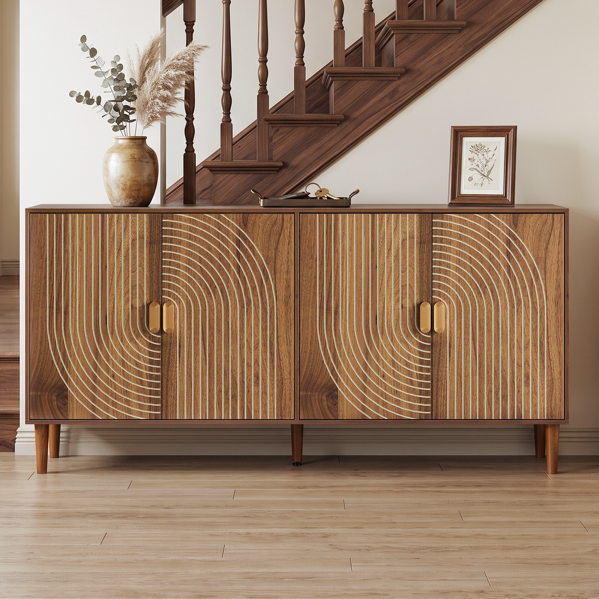 62.6-Inch Walnut Sideboard with Storage, 4-Door Credenza Featuring Vertical Grooved Detailing, Multifunctional Accent Cabinet Suitable for Dining Room, Living Room, Entryway, and Kitchen