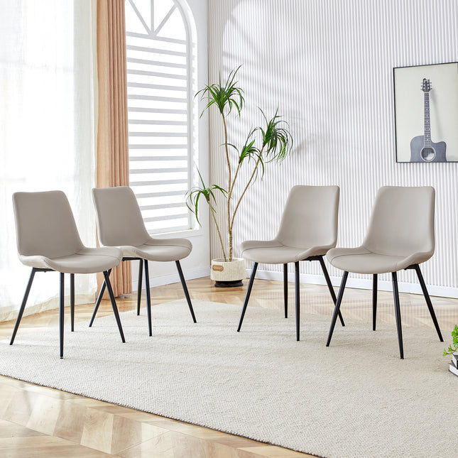 Light gray artificial leather backrest cushion dining chair, black metal legs,curved widened cushion design for more comfort,suitable for restaurants, kitchens, bedrooms, offices.(4 chairs)