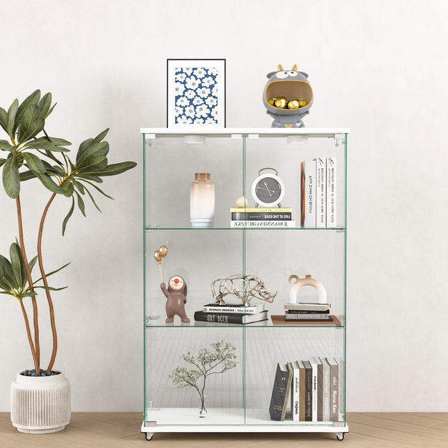 Modern Glass Display Cabinet with LED lights, Quick-assembly Antique Cabinet, Tempered Glass Bookshelf, Suitable for Living Room and Bedrooms, 2-door 3-shelf, Transparent+White (Old Sku:W241P242928)