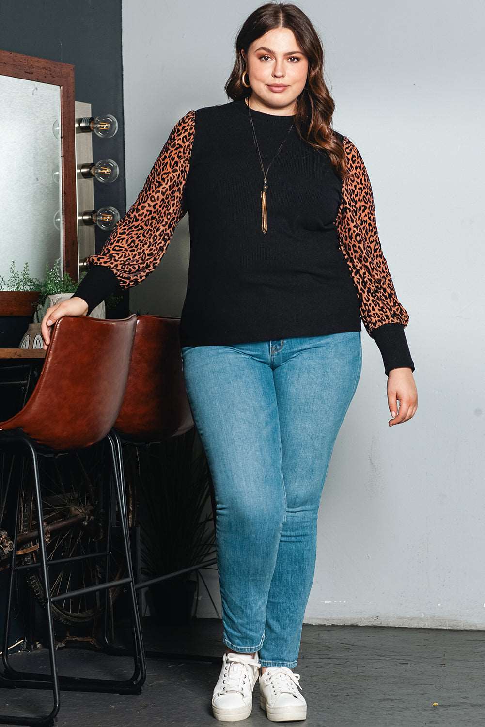 Black Plus Size Leopard Patchwork Mock Neck Top