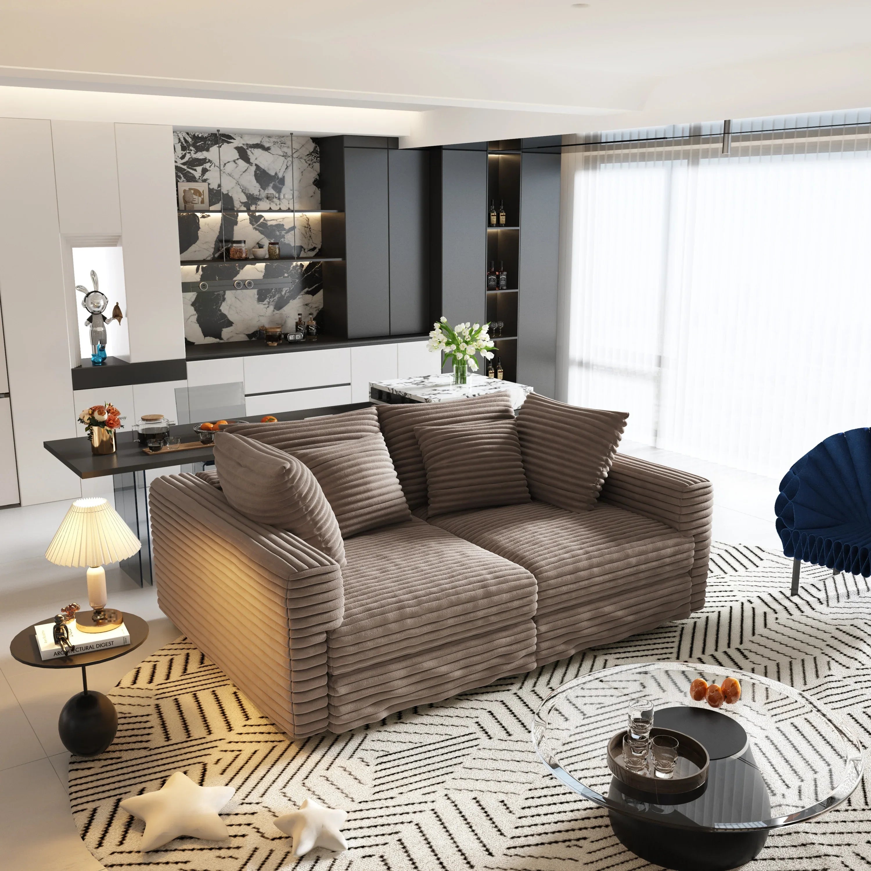 102.4 'Plush Corduroy 4-Seat Sofa,Modern Comfy Upholstered Sofa Cloud Couch,Deep Seat Couches with Soft Pillows and Movable Ottoman,Convertible Sofa Lounge Chair,for Living Room,Apartment,Office,Camel - Eloy Royal