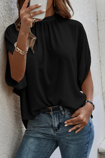 Black Solid Color Batwing Sleeve Knotted Blouse - Eloy Royal