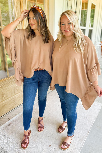 Smoke Gray Plus Size Ruffled Dolman Sleeve V Neck Blouse - Eloy Royal