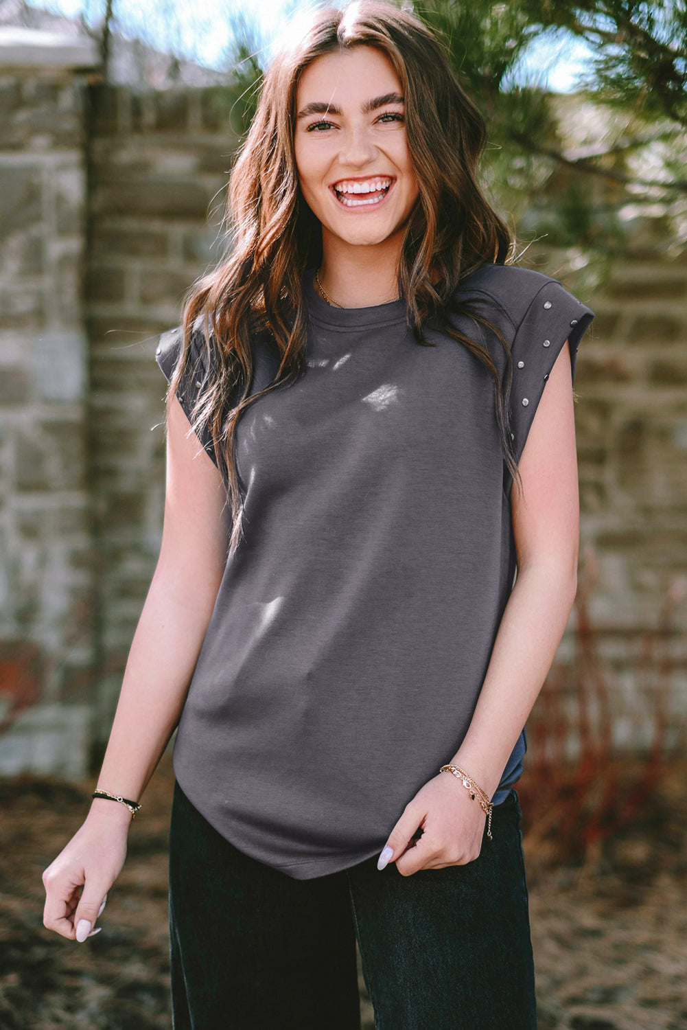 Dark Grey Casual Studded Round Neck T Shirt - Eloy Royal