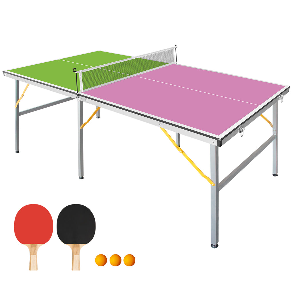 6FT Foldable & Portable Table Tennis Table – Mid-Size Ping Pong Table Set for Indoor Play, Includes Net, 2 Paddle, and 3 Balls with Green and Purple Tabletop
