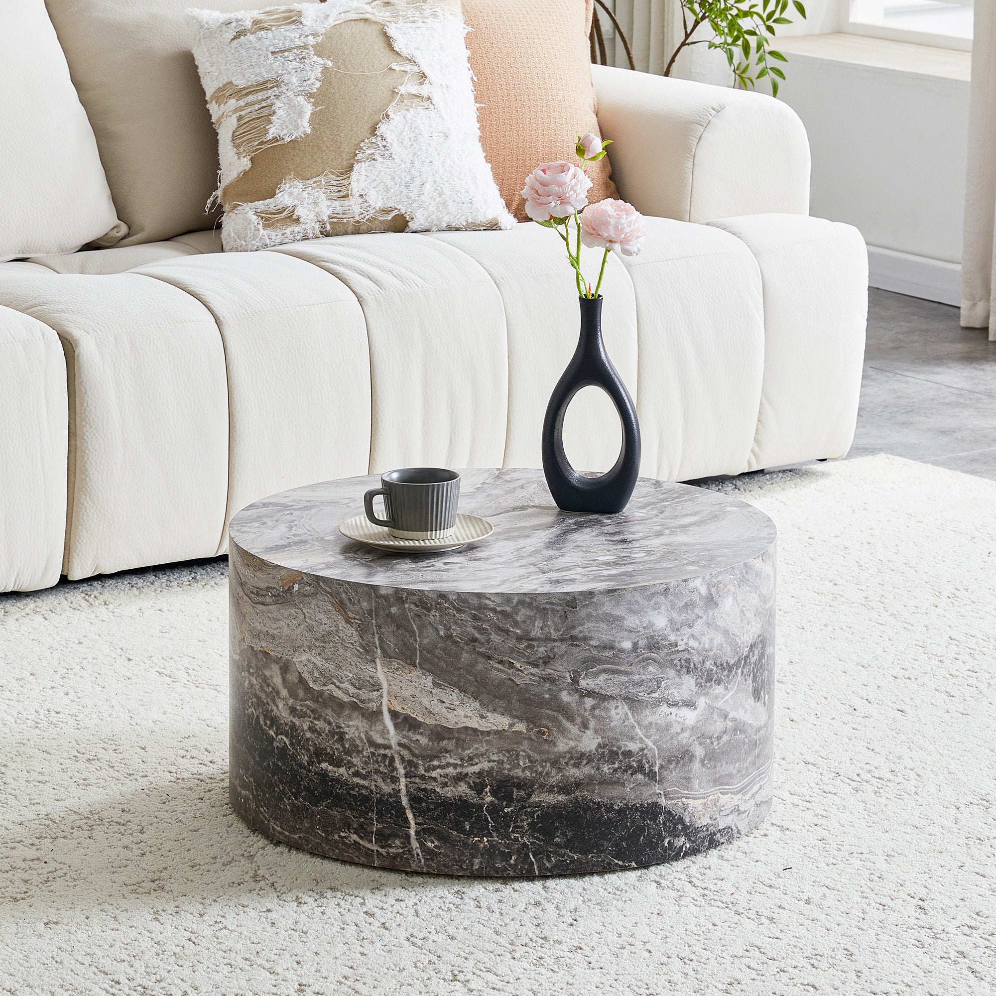 Simple Grey Marble Round MDF Coffee Table: 23.6' Diameter × 11.8' Height, Modern Minimalist Style, Perfect for Living Room, Apartment & Home Decor.No Need Assembly.