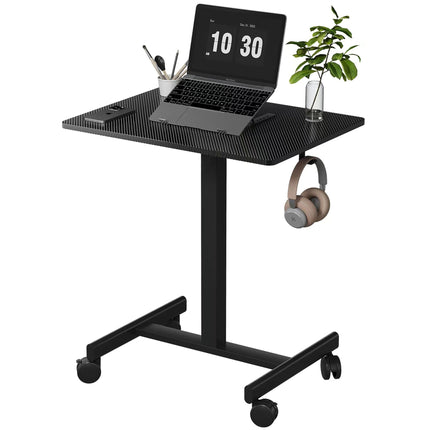 26'×19' Carbon Fiber Black Middle Column Mobile Height Adjustable Desk, Gas Spring Height Regulation, Lockable Universal Casters, With Headphone Hook, Mini Desk