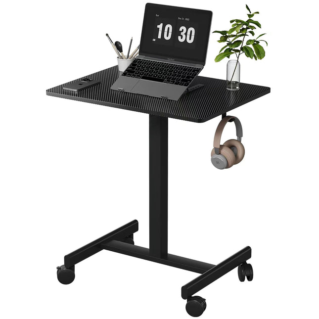 26'×19' Carbon Fiber Black Middle Column Mobile Height Adjustable Desk, Gas Spring Height Regulation, Lockable Universal Casters, With Headphone Hook, Mini Desk