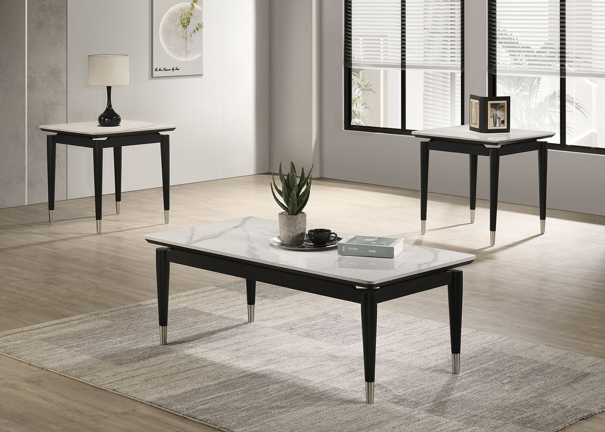 Contemporary Style 3pc Table Set 1x Coffee Table 2x End Table Sintered Stone Top Silver Capped Arrow Legs Black And White Finish