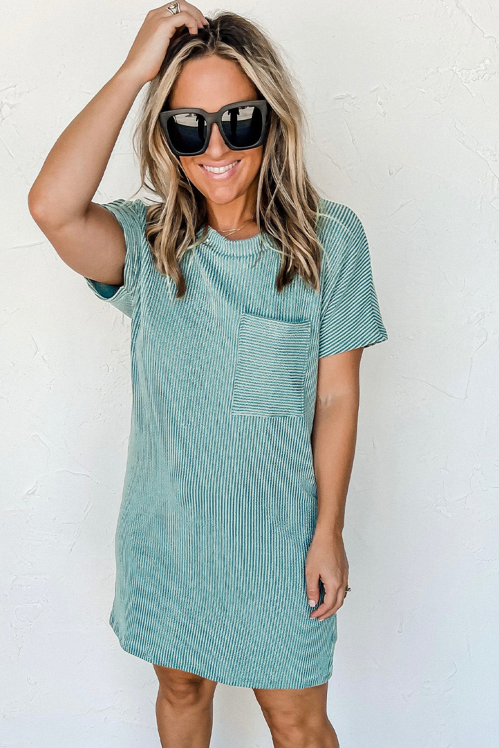 Blue Ribbed Chest Pocket Casual T Shirt Dress - Eloy Royal