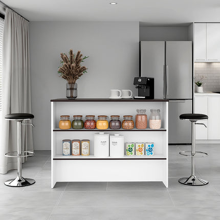 Gravette Kitchen Island, 3 Shelves, White / Dark Walnut