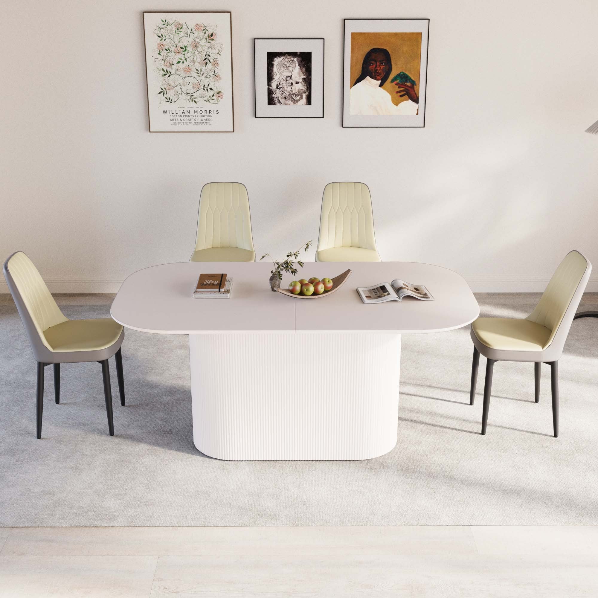 63 'medieval modern cream style MDF dining table and PU dining chair set 4. Assemble Desktop and black metal leg dining chair set, suitable for home&kitchen