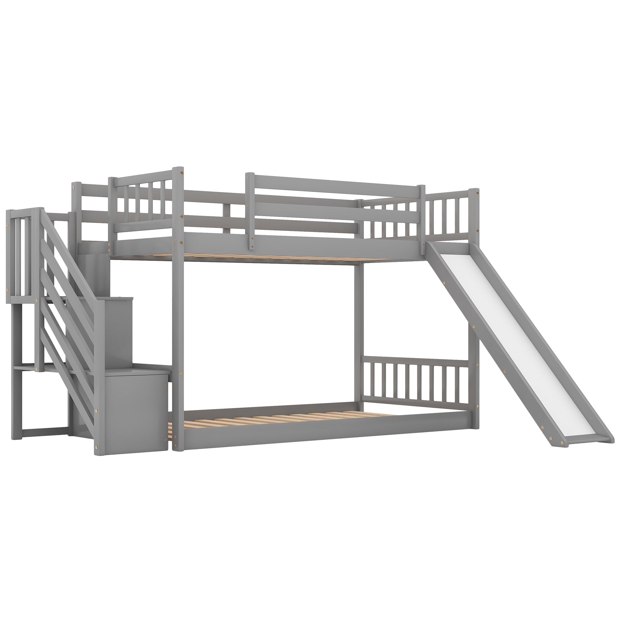 Gray Twin over Twin Bunk Bed with Convertible Slide and Stairway, Pine Wood and MDF, 92.8''L x 42.3''W x 50.6''H