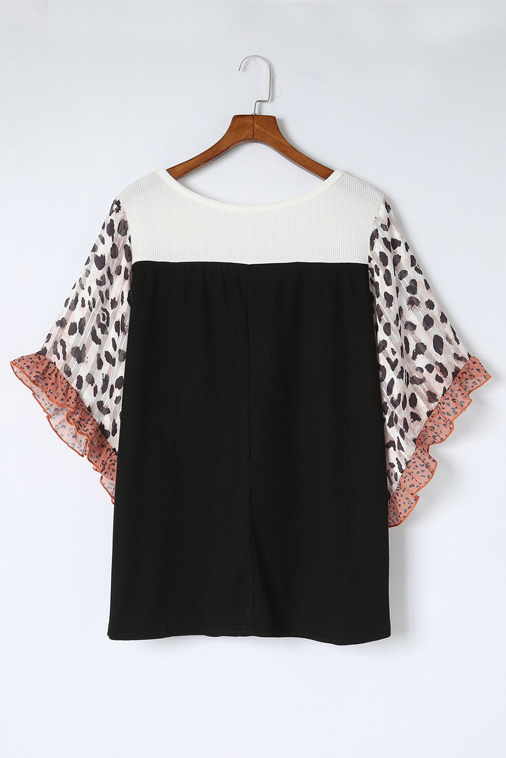 Black Rib Knit Animal Print Ruffle Sleeves Plus Size Top - Eloy Royal