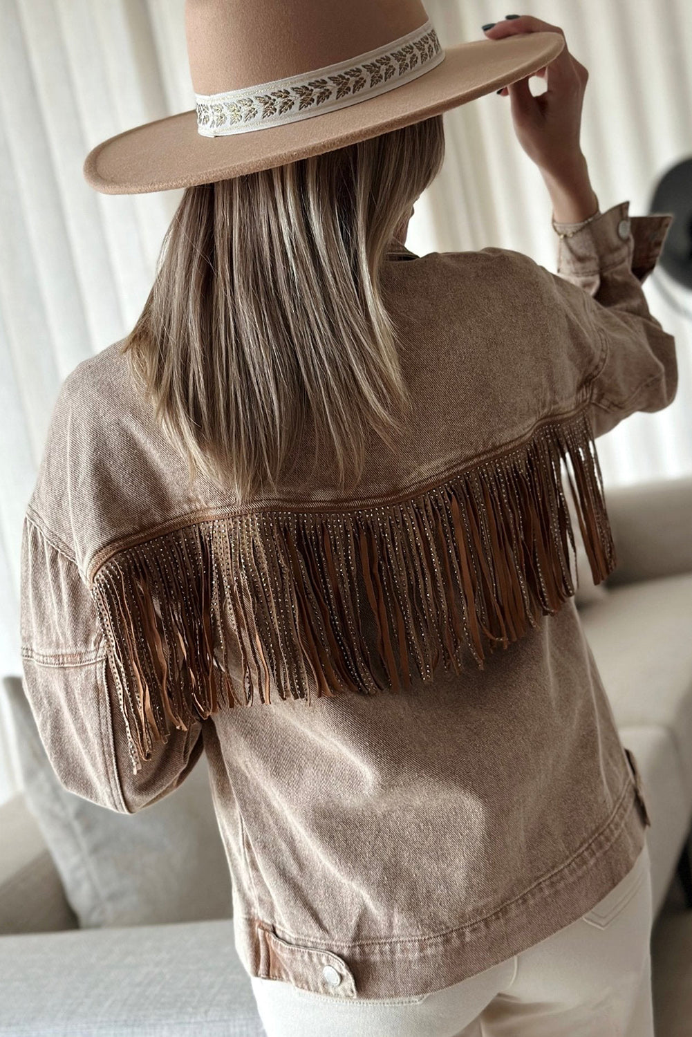 Wholesale Brown Rhinestone Fringe Vintage Denim Jacket - Eloy Royal