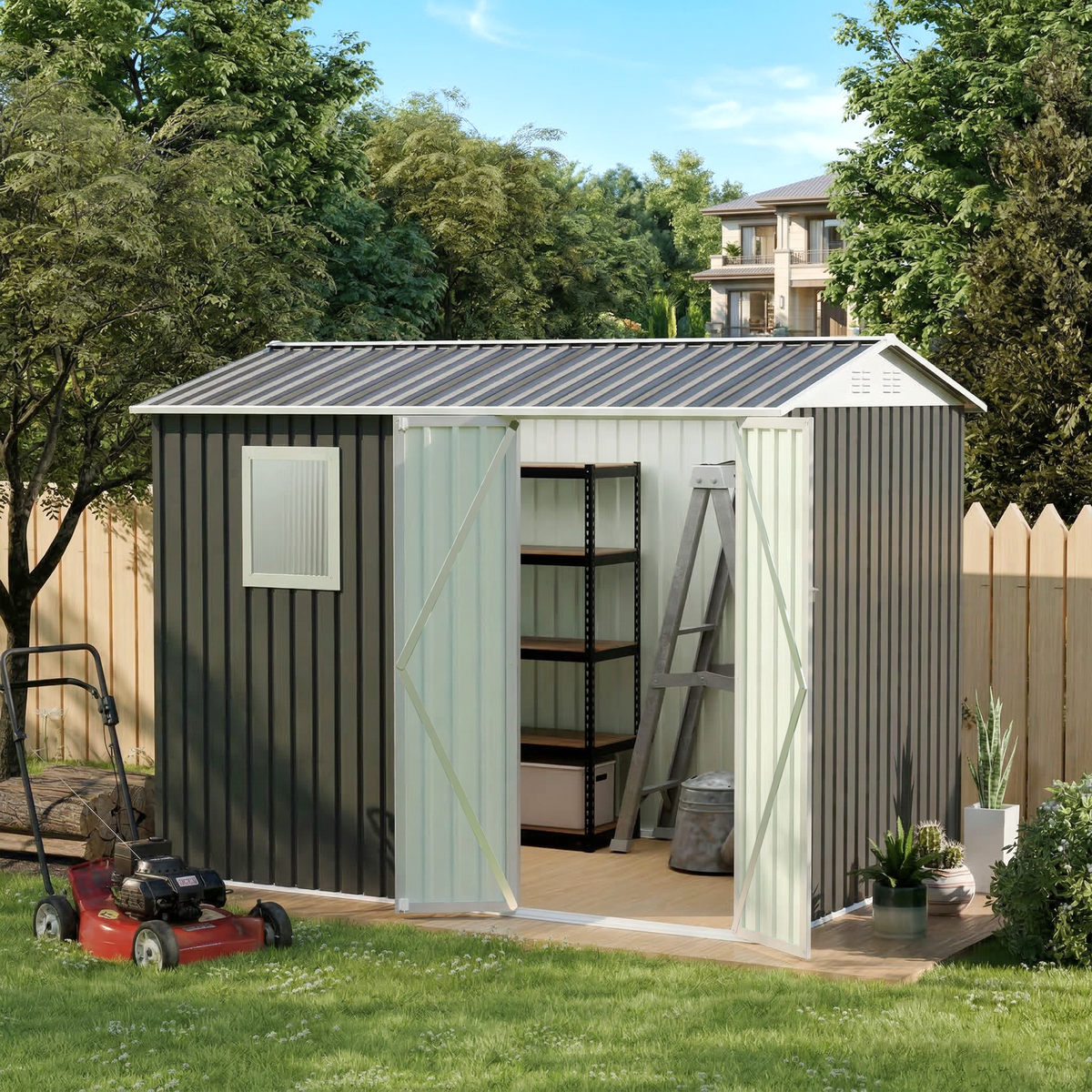 9x6 FT Metal Garden Shed with 1 Windows for Outdoors Patio  Hinge Doors Storage Sheds