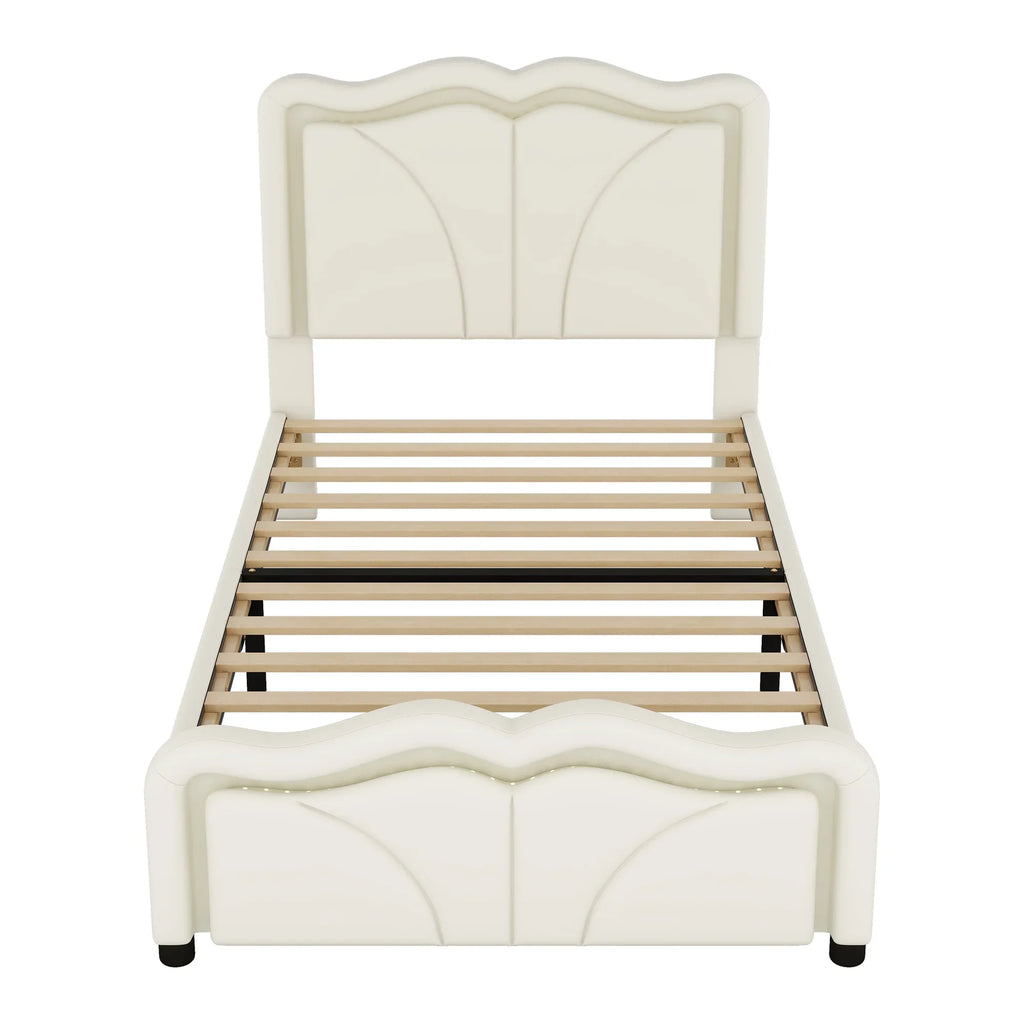 Twin Size Upholstered Platform Bed with Curved Adjustable Headboard and LED Lights, White, Pine Wood MDF PU - Eloy Royal